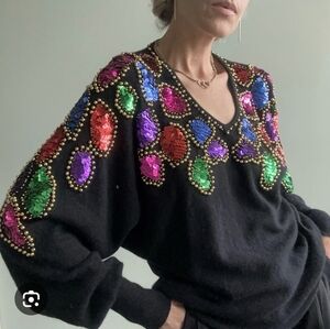 Vintage Anne Klein Wool‎ Angora Beaded Sequin Sweater - Size Medium